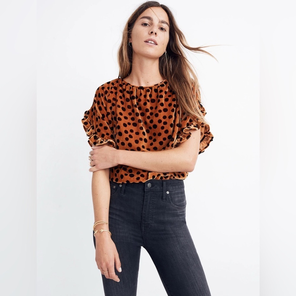 Madewell Velvet Memento Ruffle-Sleeve Top in Leopard Dot, Size XS